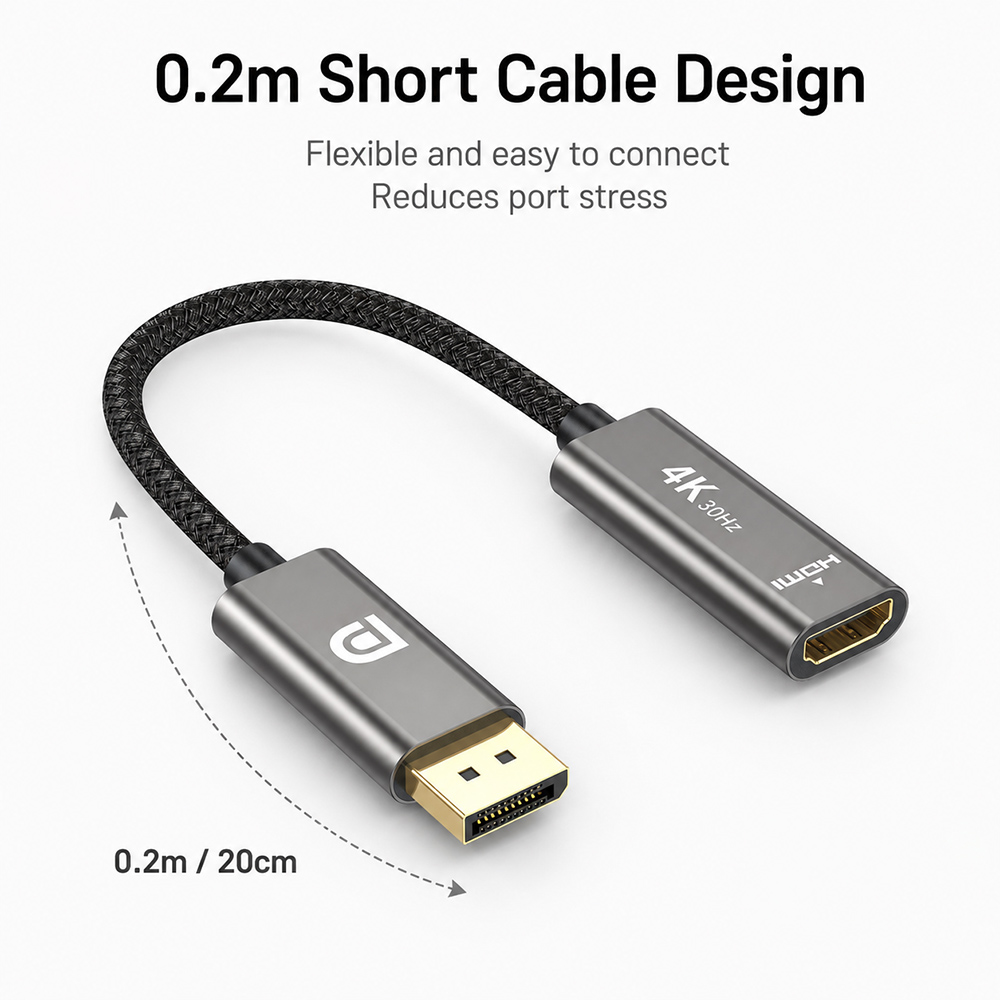 0.2m DisplayPort to HDMI adapter cable with short braided cable design for flexible connection and reduced port stress