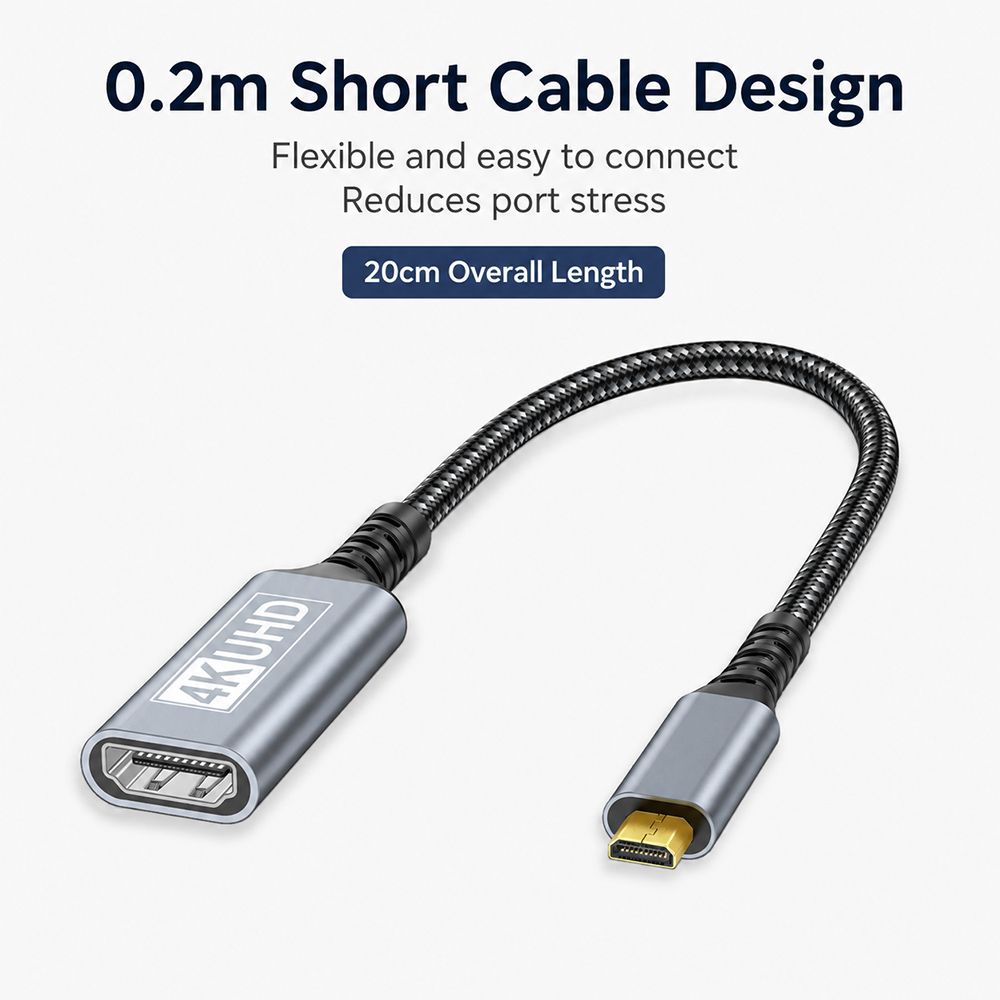 0.2m Micro HDMI to HDMI adapter cable with 20cm overall length, flexible short cable design and reduced port stress