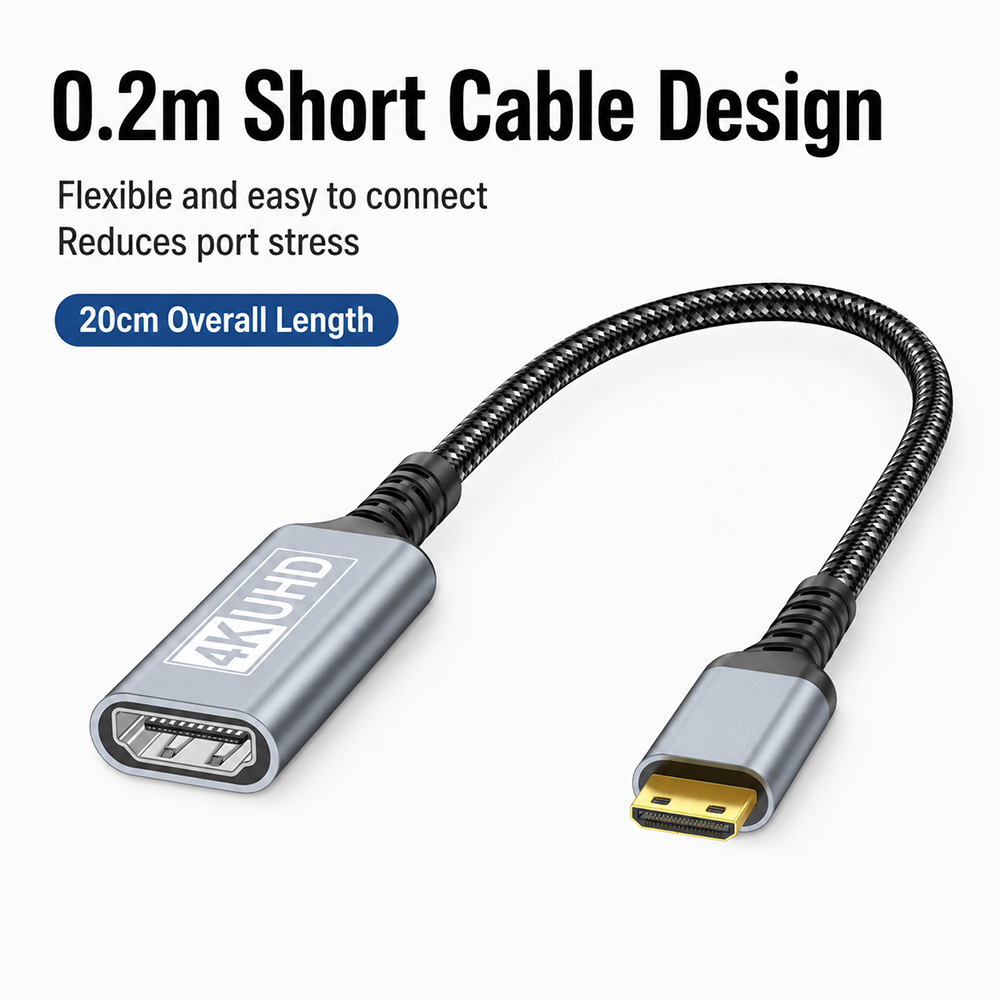 0.2m Mini HDMI to HDMI adapter cable with 20cm overall length, flexible short cable design and reduced port stress