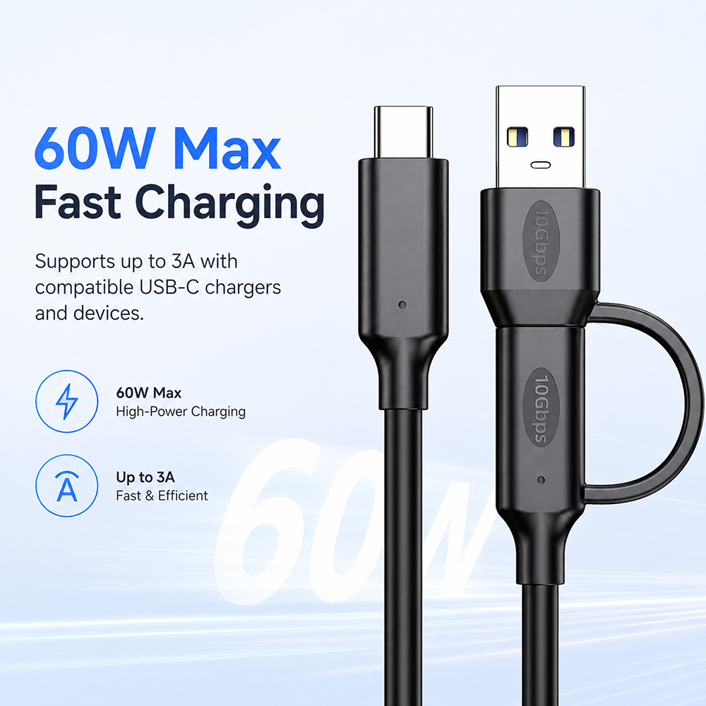10Gbps USB-C cable supports 60W fast charging with compatible USB-C chargers and devices