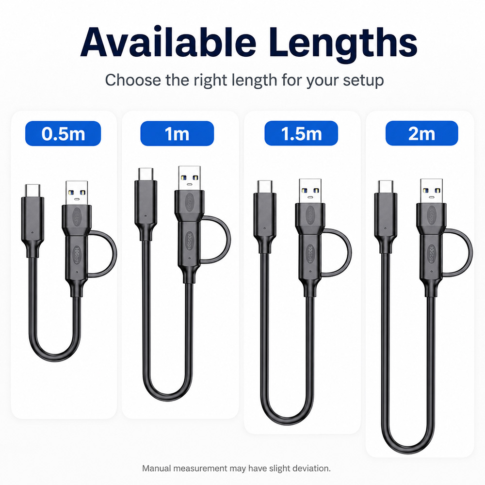 10Gbps USB-C cable available in 0.5m, 1m, 1.5m and 2m lengths