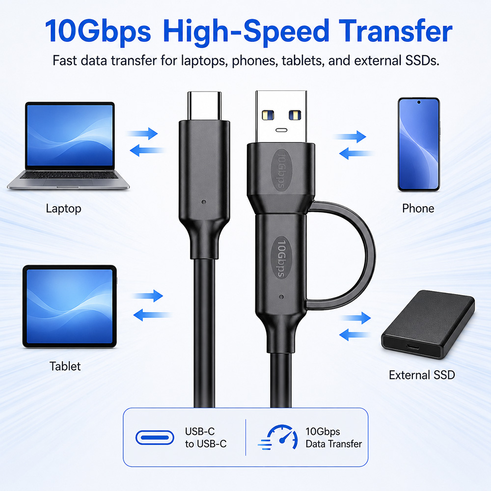 10Gbps USB-C cable for fast data transfer with laptops, phones, tablets and external SSDs
