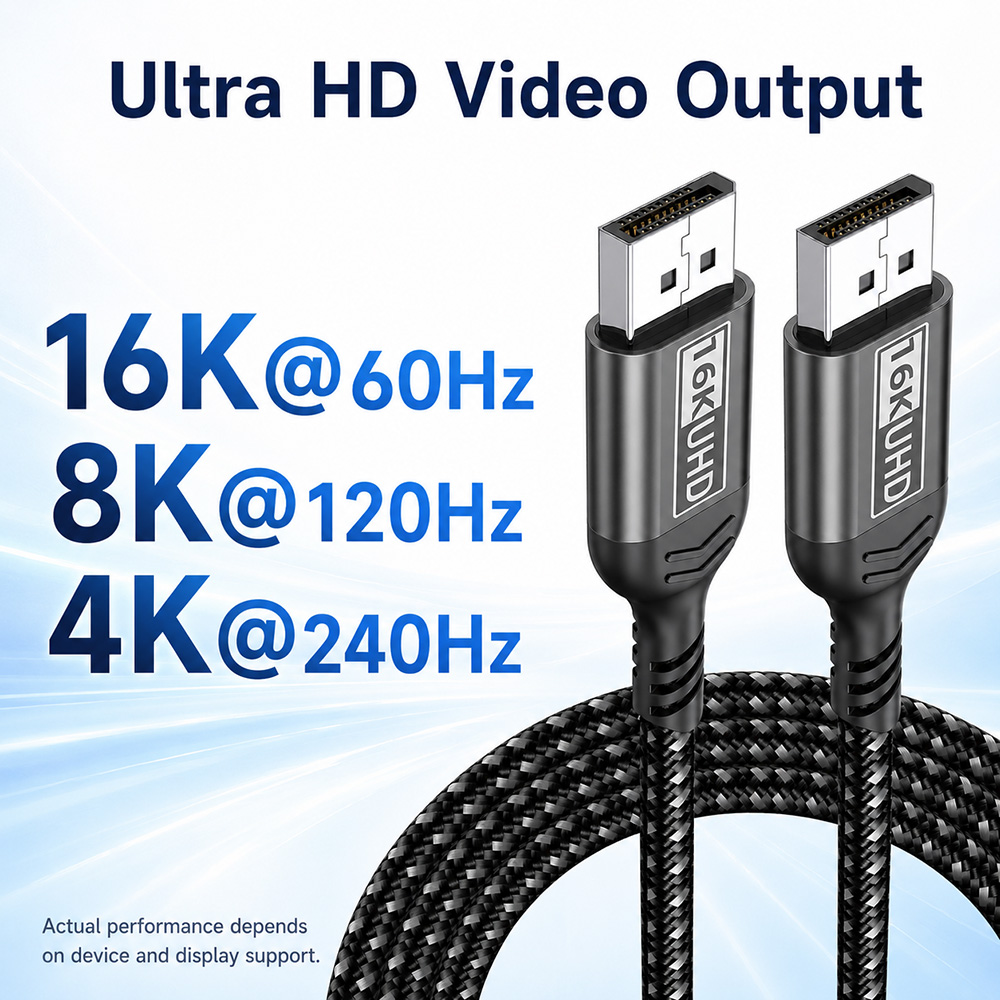 16K DisplayPort cable supporting 16K 60Hz 8K 120Hz and 4K 240Hz video output depending on device support