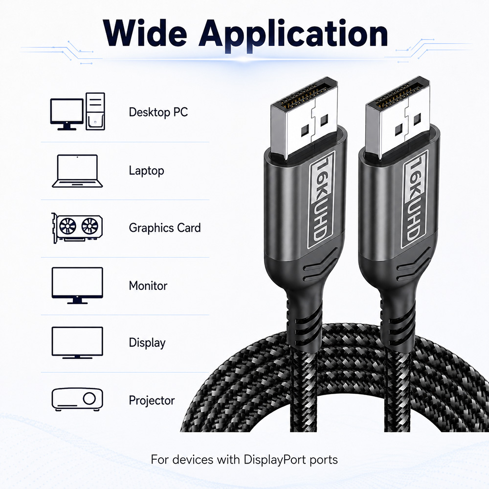 16K DisplayPort cable for desktop PC laptop graphics card monitor display and projector with DisplayPort ports