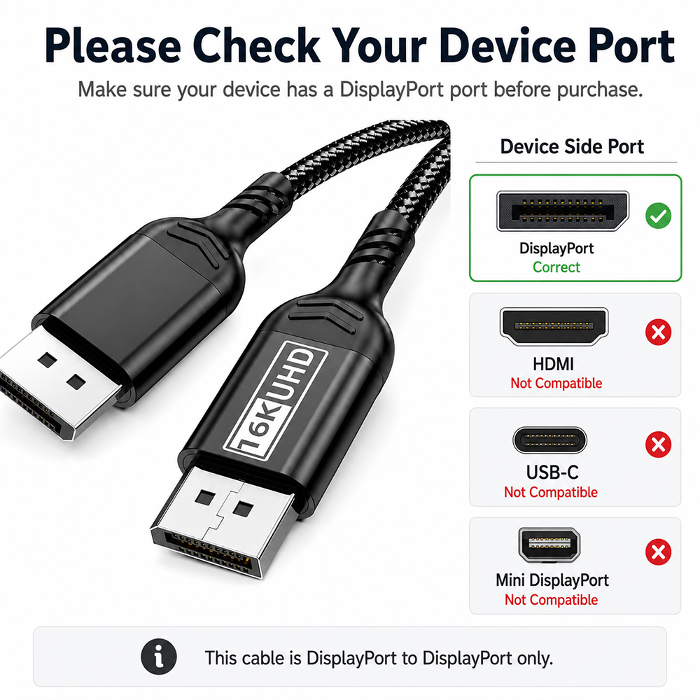 DisplayPort to DisplayPort cable port check showing DisplayPort compatible and HDMI USB-C Mini DisplayPort not compatible