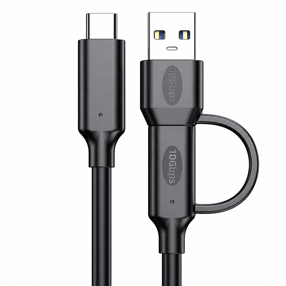 Close-up of 2-in-1 10Gbps USB-C cable with USB-C and USB-A connector design