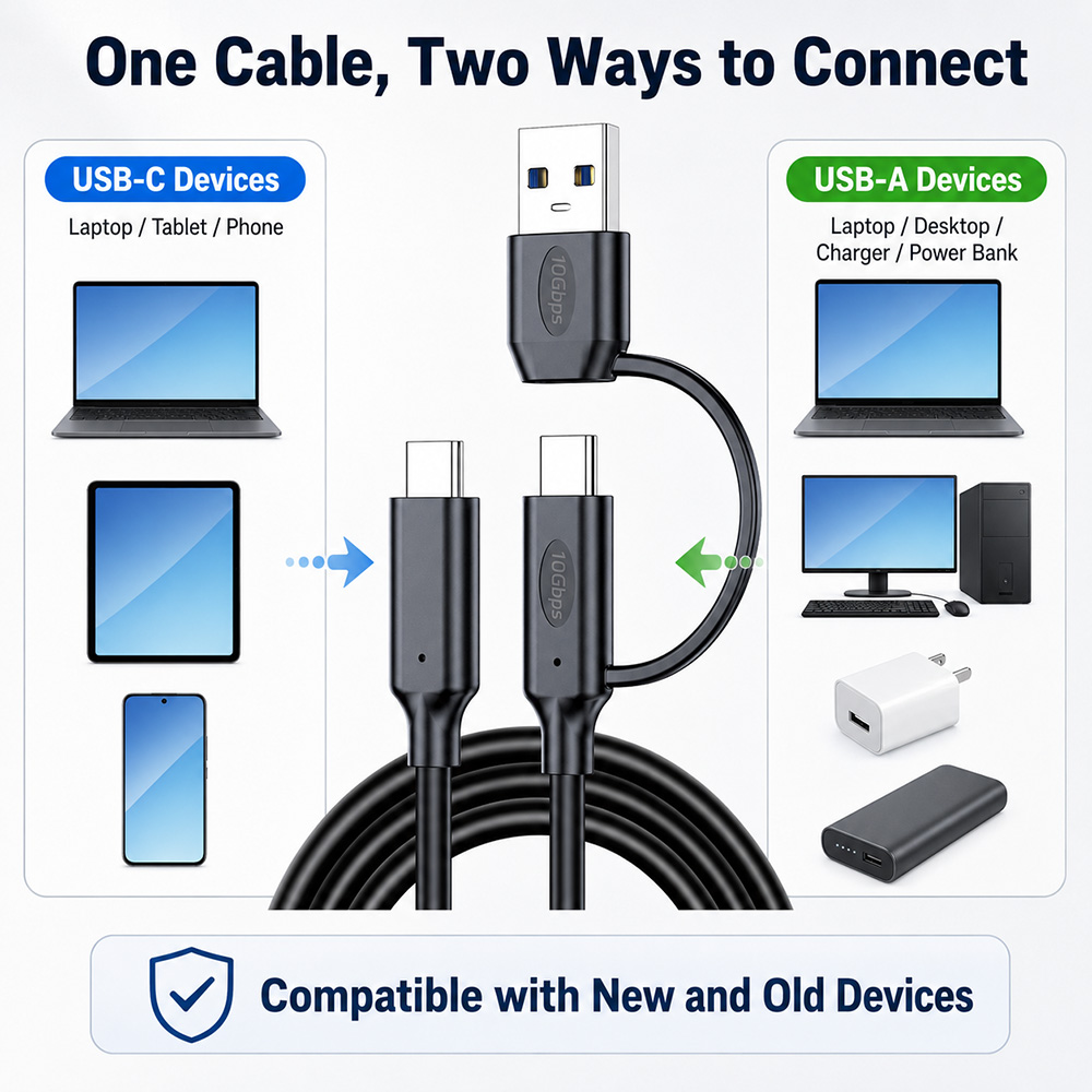 2-in-1 10Gbps USB-C cable works with USB-C devices and USB-A devices for flexible connection