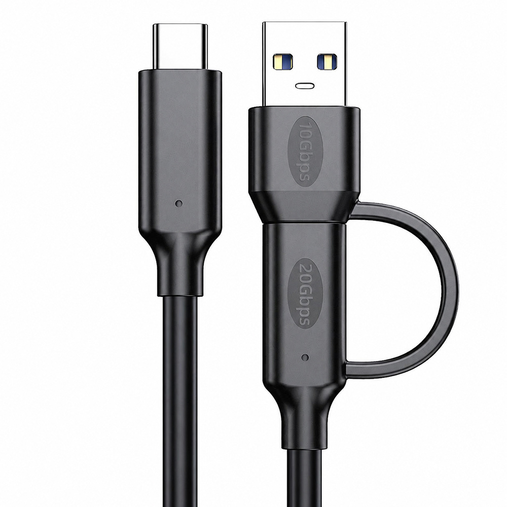 Close-up of 2-in-1 20Gbps USB-C cable with USB-C and USB-A connector design