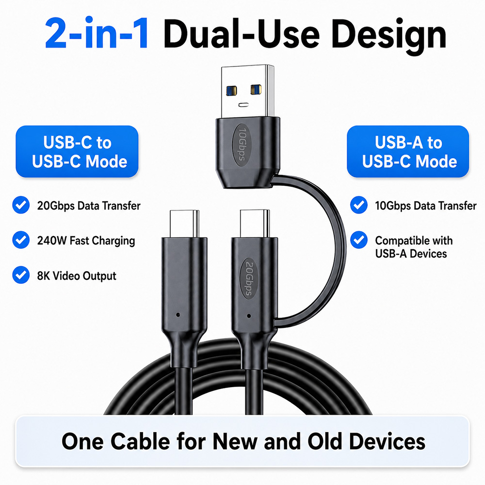 2-in-1 20Gbps USB-C cable supports USB-C to USB-C mode and USB-A to USB-C mode