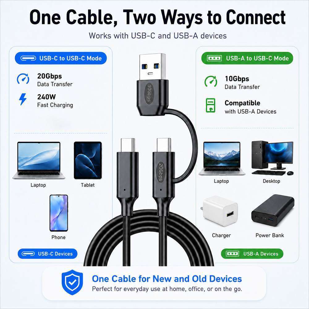 2-in-1 20Gbps USB-C cable works with USB-C devices and USB-A devices for flexible connection