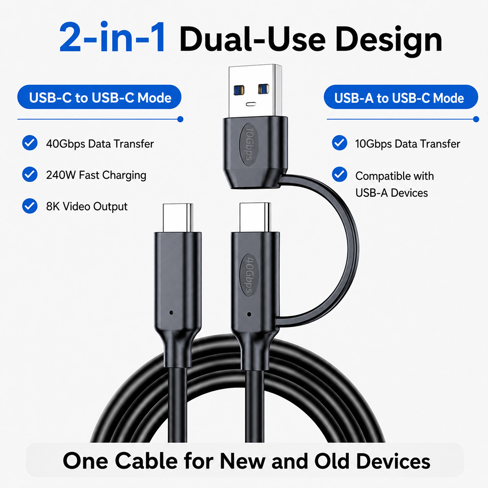 2-in-1 USB4 cable supports USB-C to USB-C 40Gbps mode and USB-A to USB-C 10Gbps mode
