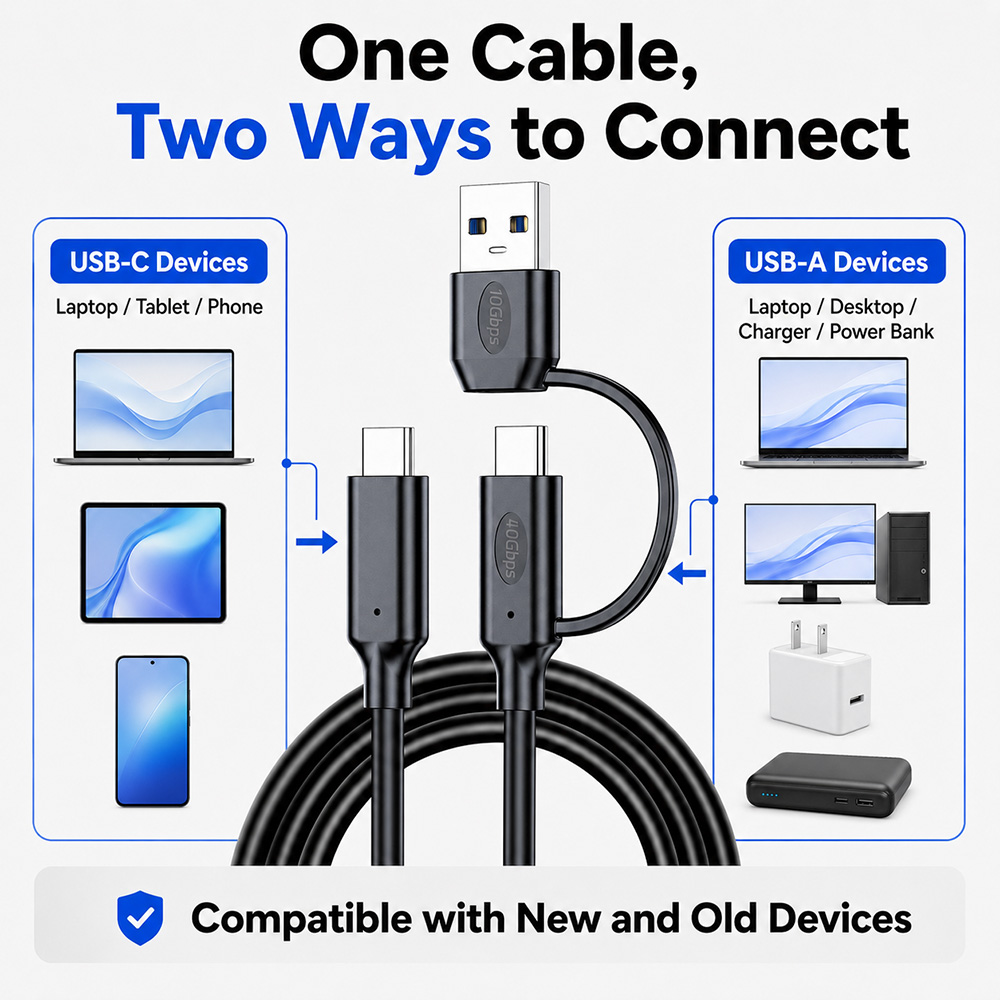 2-in-1 USB4 40Gbps cable works with USB-C devices and USB-A devices for flexible connection