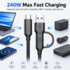 20Gbps USB-C cable supports 240W fast charging with compatible USB-C chargers and devices