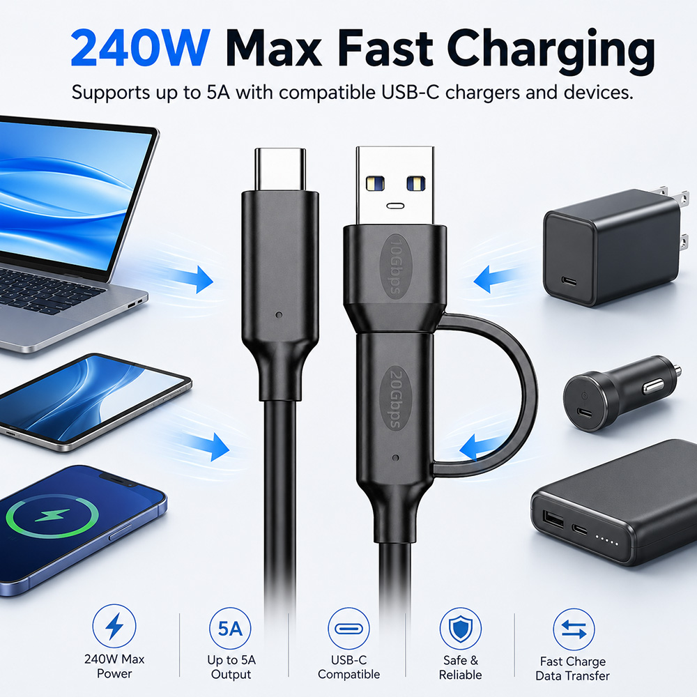 20Gbps USB-C cable supports 240W fast charging with compatible USB-C chargers and devices