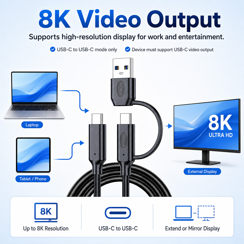 20Gbps USB-C cable supports up to 8K video output in USB-C to USB-C mode
