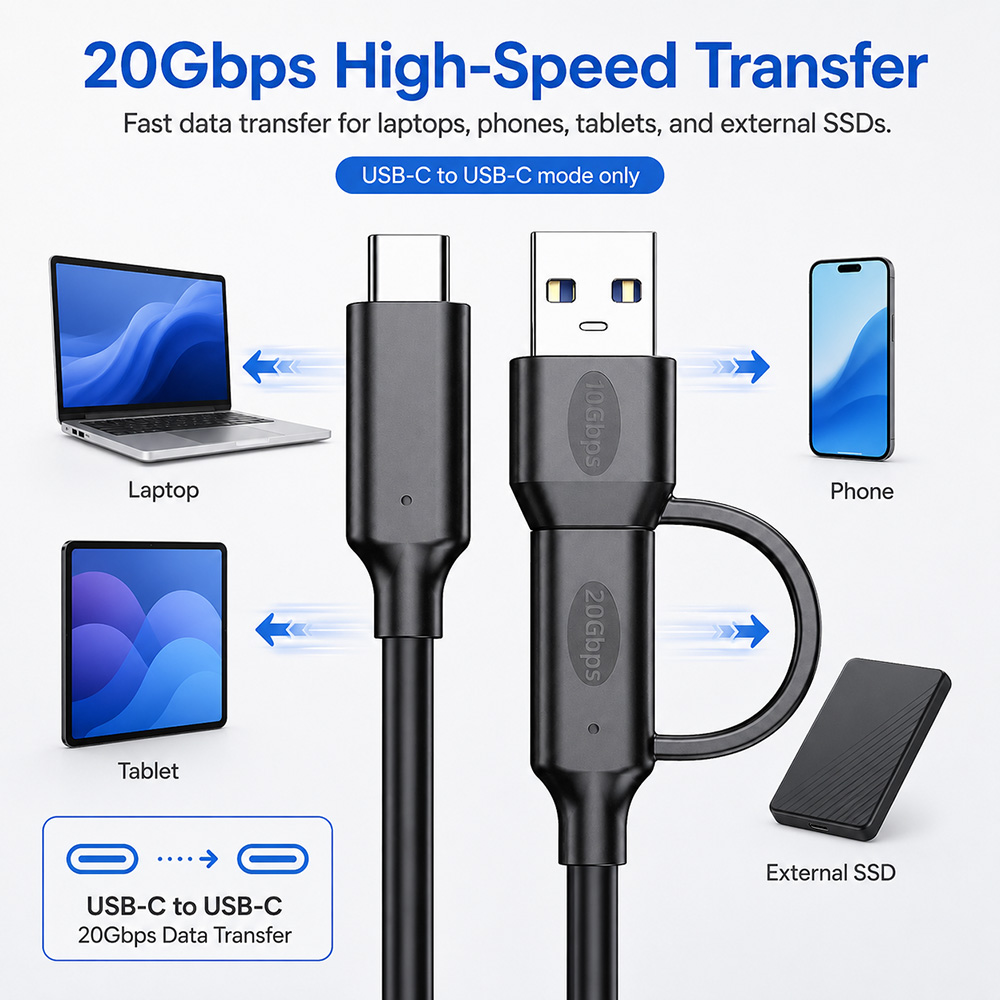20Gbps USB-C cable for high-speed data transfer with laptops, phones, tablets and external SSDs