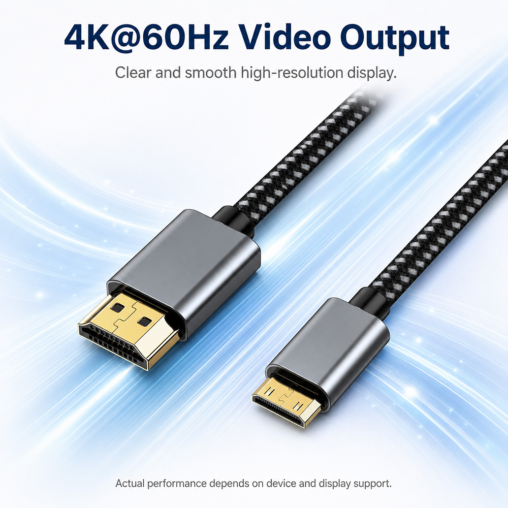 Mini HDMI to HDMI cable supporting 4K@60Hz video output for high-resolution display