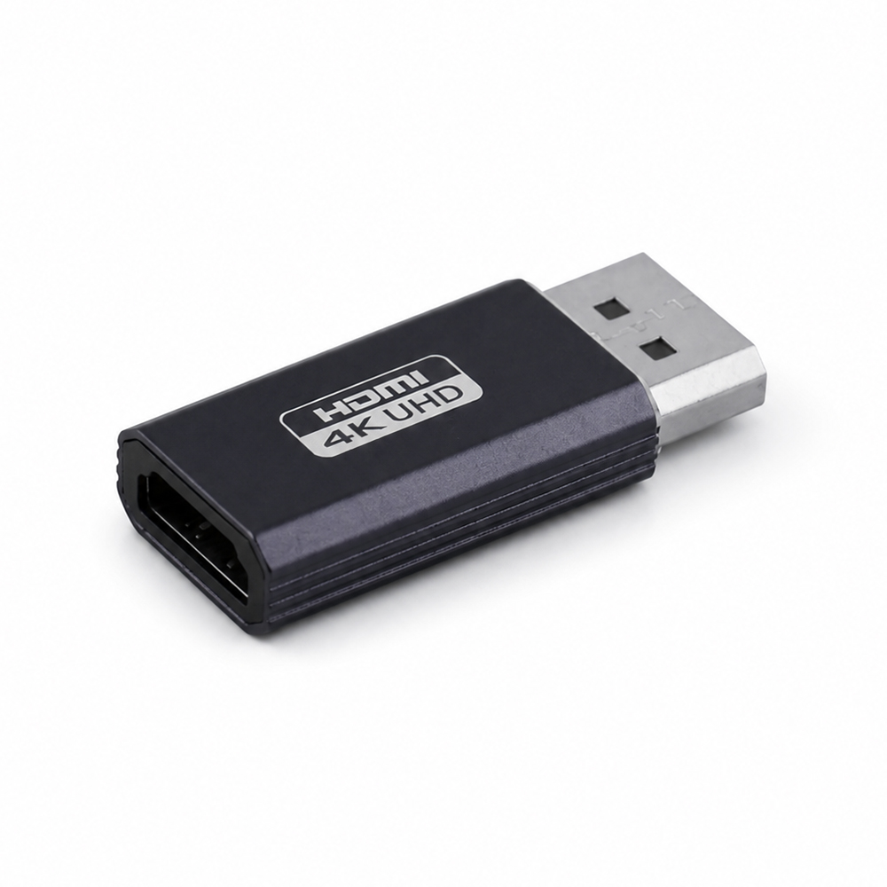 4K DisplayPort male to HDMI female adapter with black housing and compact design