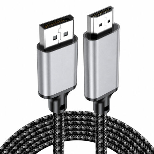 4K DisplayPort to HDMI cable with silver metal shell and braided cable design