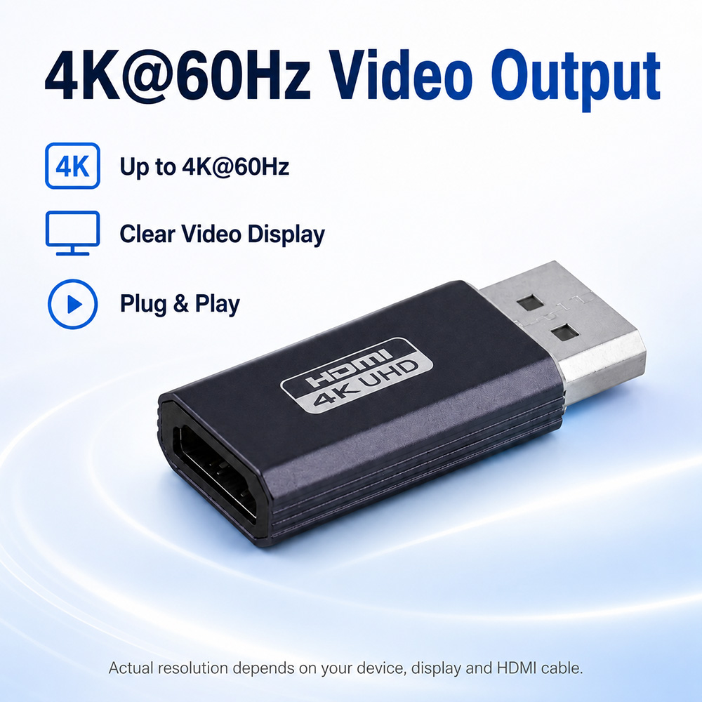 4K DisplayPort to HDMI adapter feature image showing up to 4K 60Hz video output and plug and play use