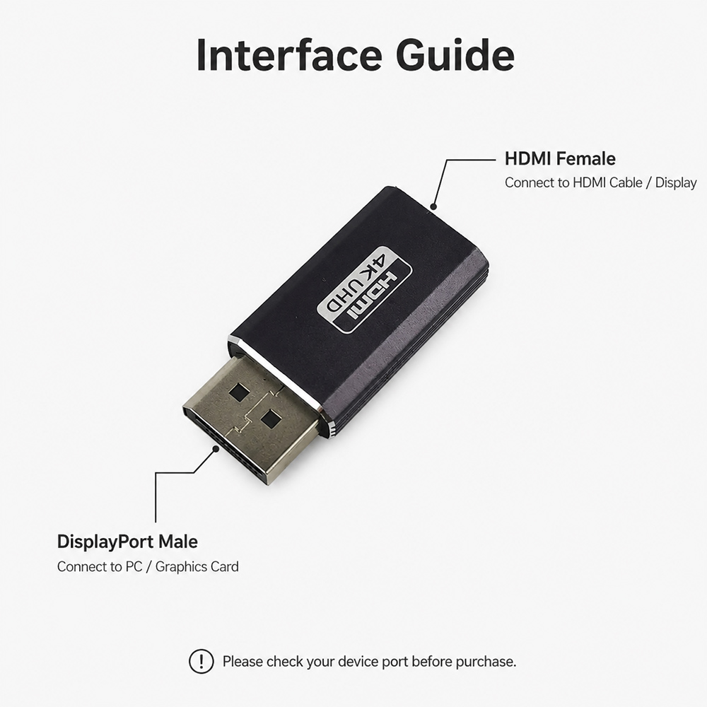 Interface guide showing DisplayPort male connector and HDMI female port on a 4K DP to HDMI adapter