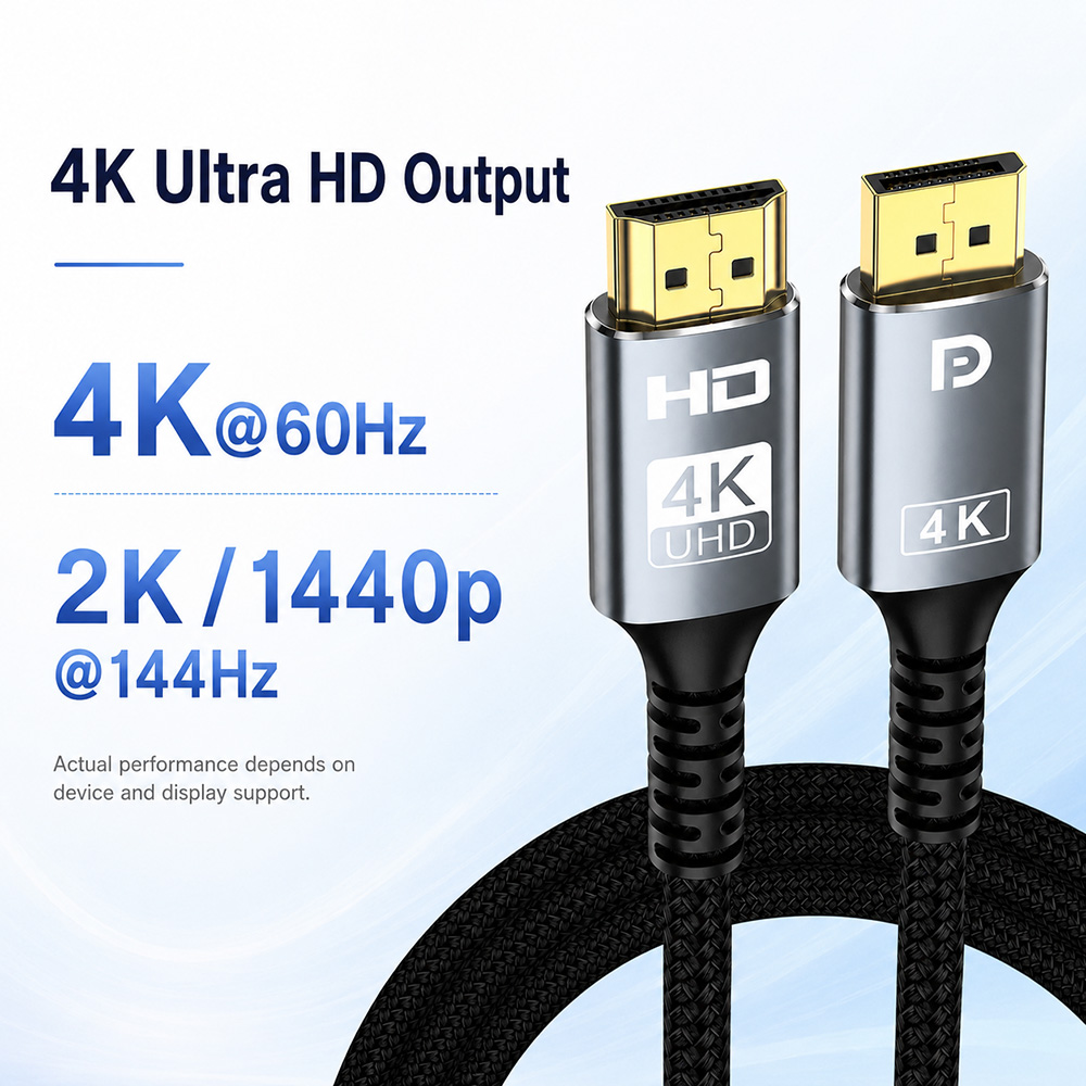 4K DisplayPort to HDMI cable supporting 4K at 60Hz and 2K 1440p at 144Hz