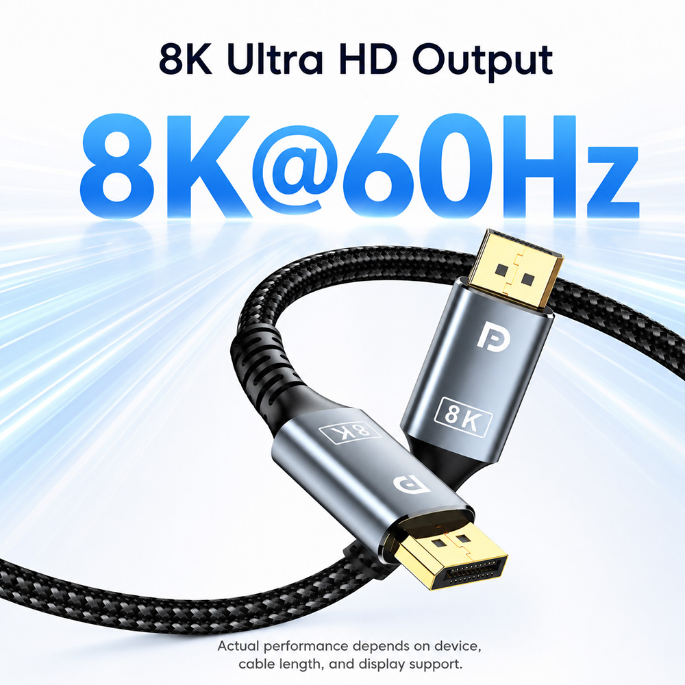 8K DisplayPort cable supporting 8K at 60Hz video output for compatible devices and displays