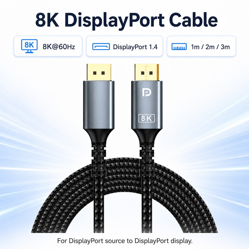 8K DisplayPort cable feature image showing 8K at 60Hz DisplayPort 1.4 and 1m 2m 3m lengths