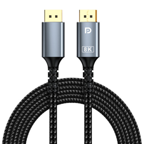 8K DisplayPort to DisplayPort cable with metal connectors and braided cable design