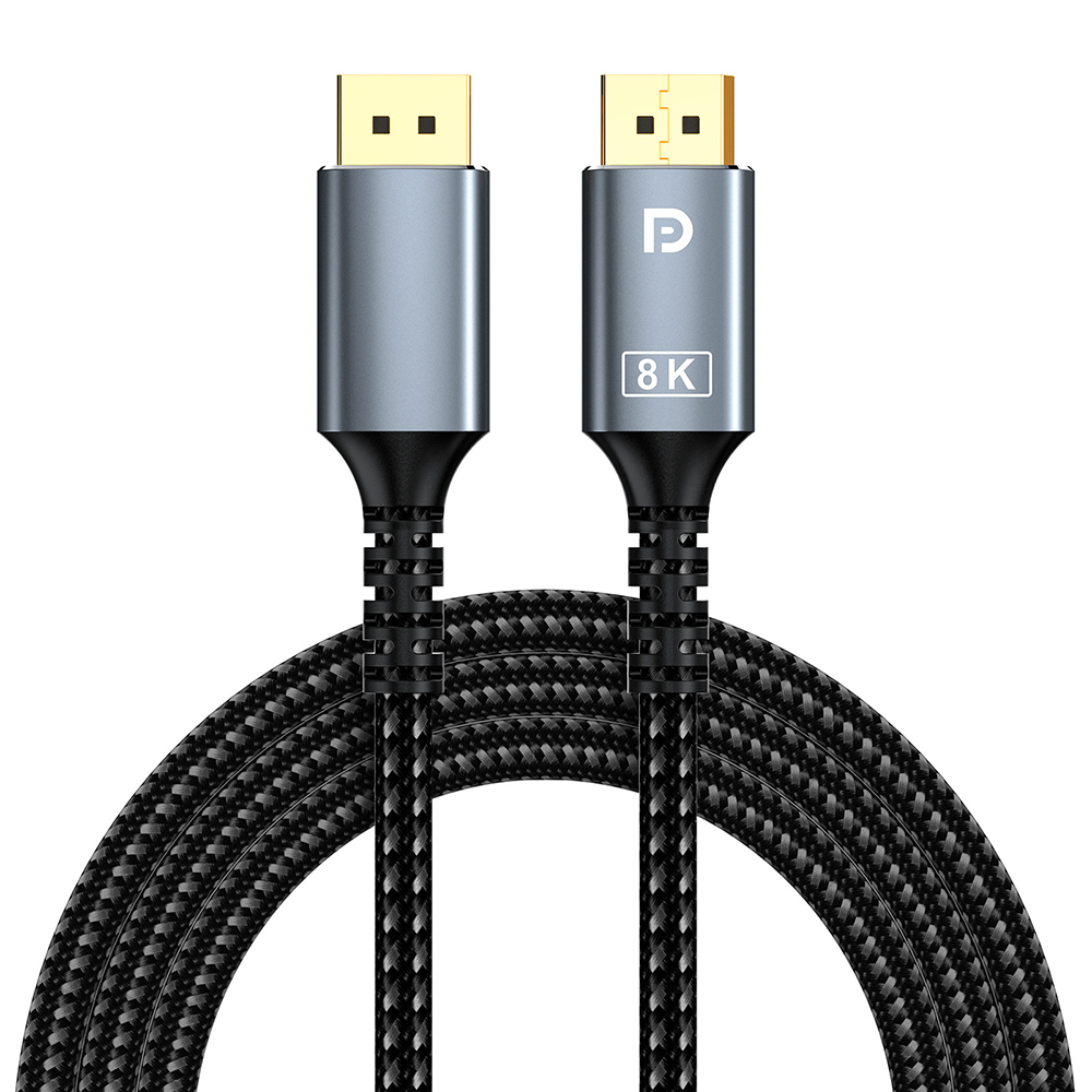 8K DisplayPort to DisplayPort cable with metal connectors and braided cable design