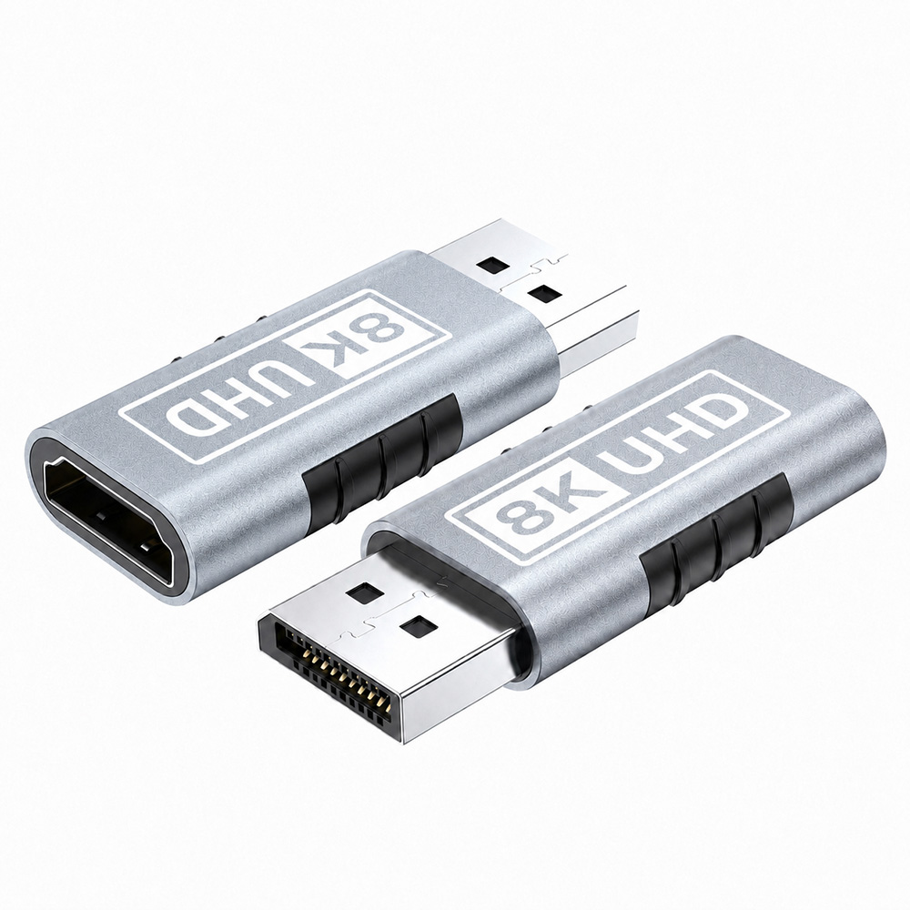 Two views of 8K DisplayPort to HDMI adapter showing HDMI female port and DisplayPort male connector