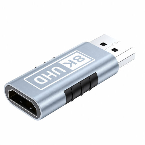 8K DisplayPort male to HDMI female adapter with aluminum housing and black side grip