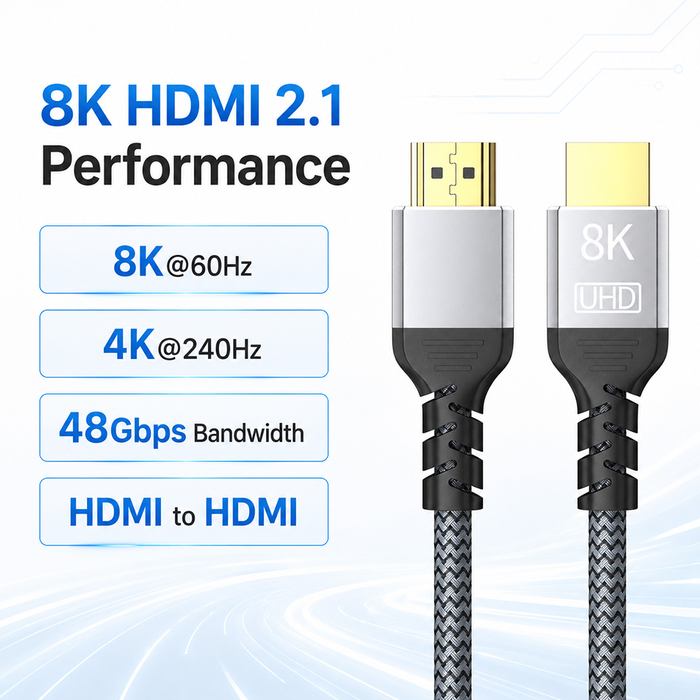 8K HDMI 2.1 cable performance image showing 8K 60Hz, 4K 240Hz and 48Gbps bandwidth