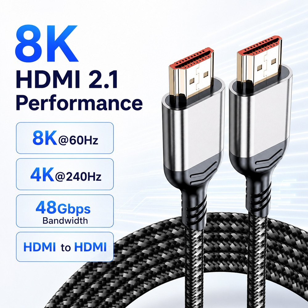 8K HDMI 2.1 cable performance image showing 8K 60Hz, 4K 240Hz and 48Gbps bandwidth