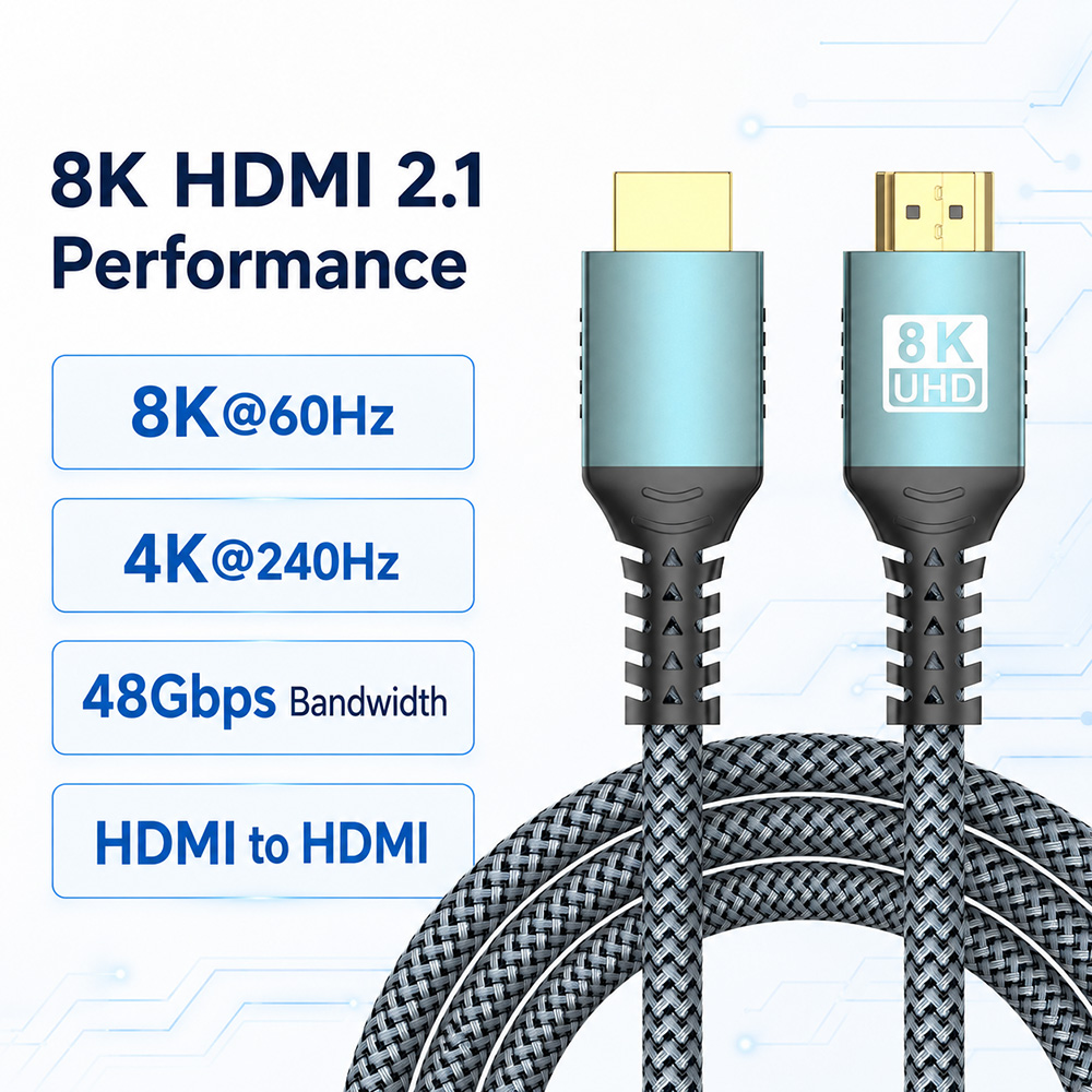 8K HDMI 2.1 cable performance image showing 8K 60Hz, 4K 240Hz and 48Gbps bandwidth