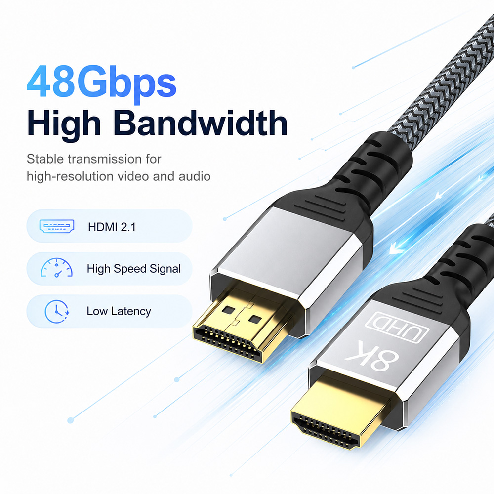 8K HDMI cable with 48Gbps high bandwidth for stable high-resolution video and audio transmission