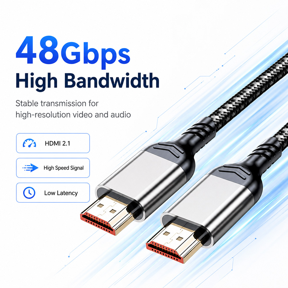 8K HDMI cable with 48Gbps high bandwidth for stable high-resolution video and audio transmission