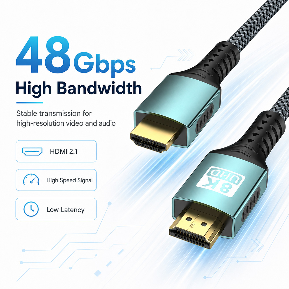 8K HDMI cable with 48Gbps high bandwidth for stable high-resolution video and audio transmission