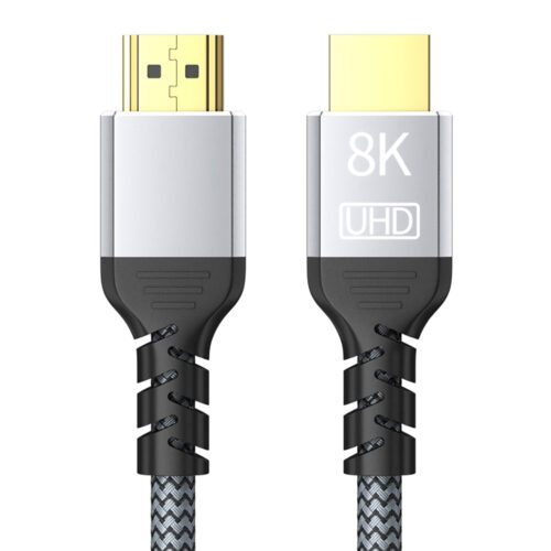 8K HDMI cable 48Gbps with silver shell, braided jacket, gold-plated connectors and reinforced tail