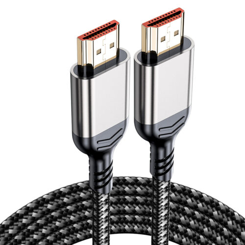 8K HDMI cable 48Gbps with silver metal shell, braided jacket and gold-plated HDMI connectors