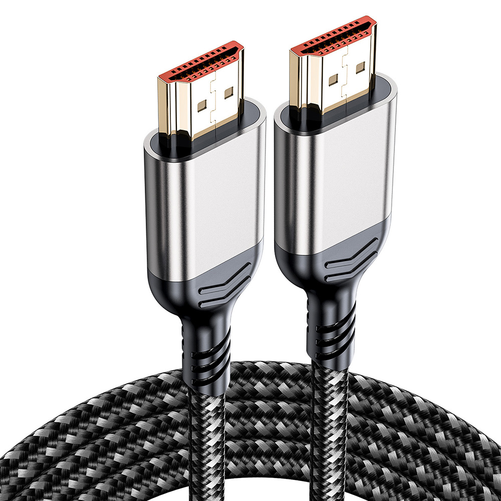 8K HDMI cable 48Gbps with silver metal shell, braided jacket and gold-plated HDMI connectors