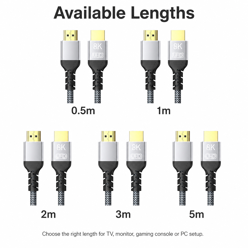8K HDMI cable available in 0.5m, 1m, 2m, 3m and 5m lengths for TV, monitor, gaming console and PC setup