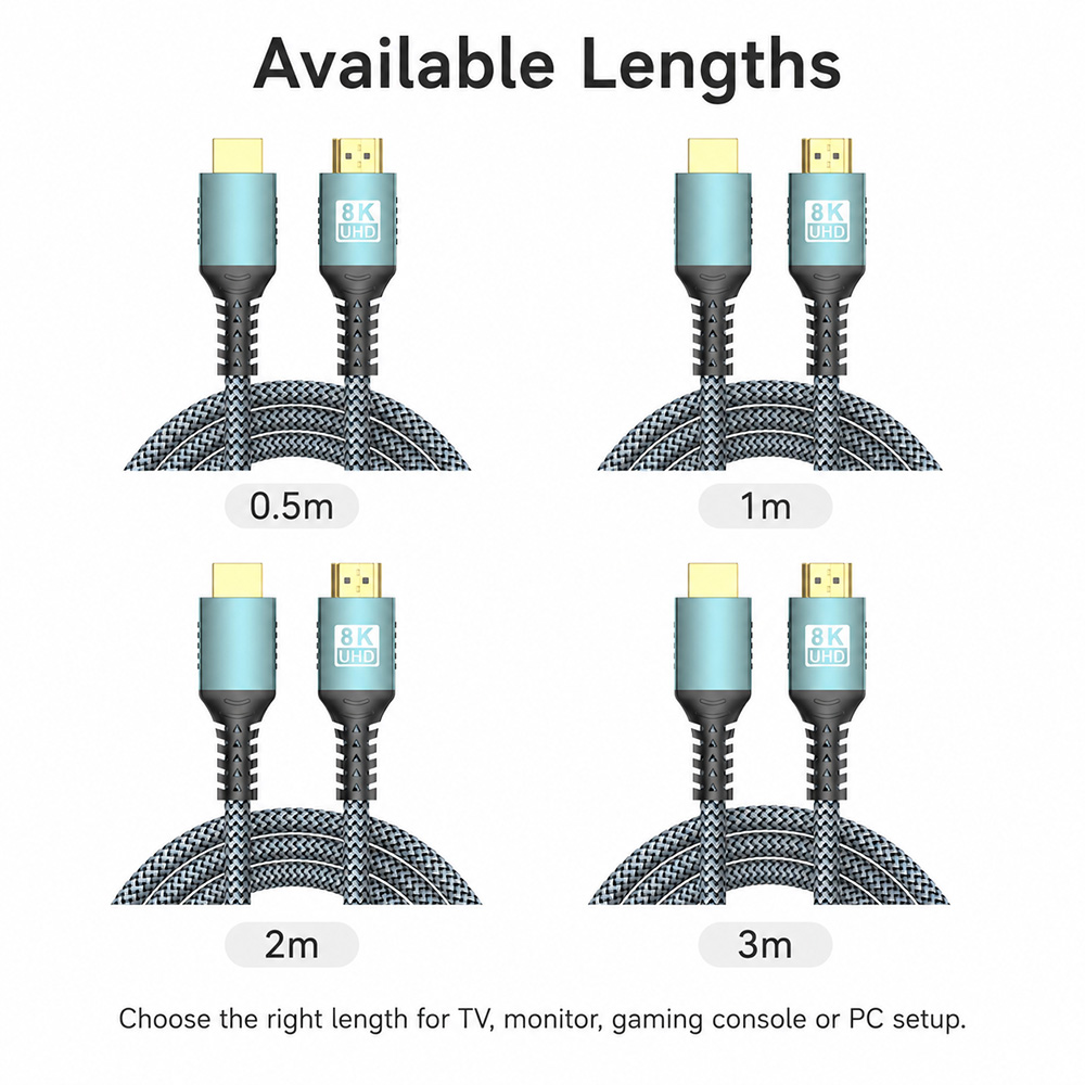 8K HDMI cable available in 0.5m, 1m, 2m and 3m lengths for TV, monitor, gaming console and PC setup