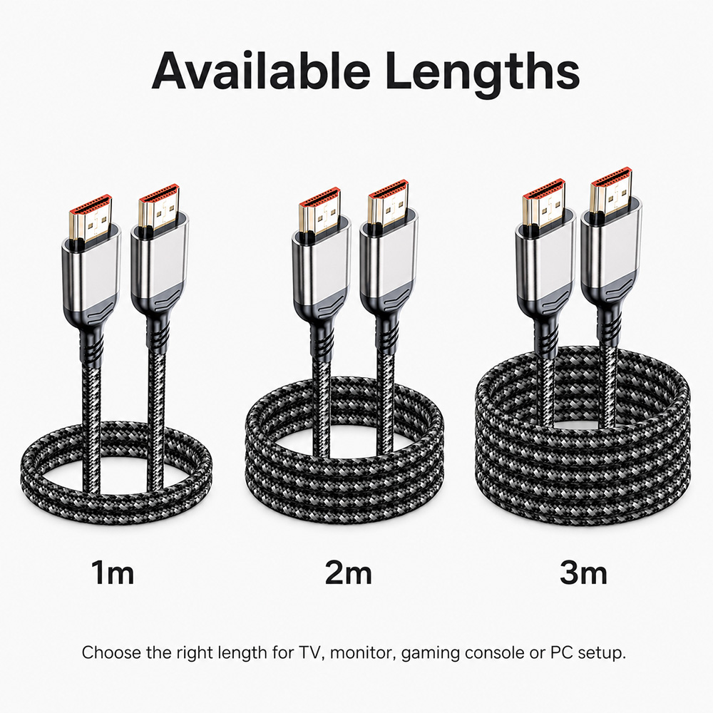 8K HDMI cable available in 1m, 2m and 3m lengths for TV, monitor, gaming console and PC setup