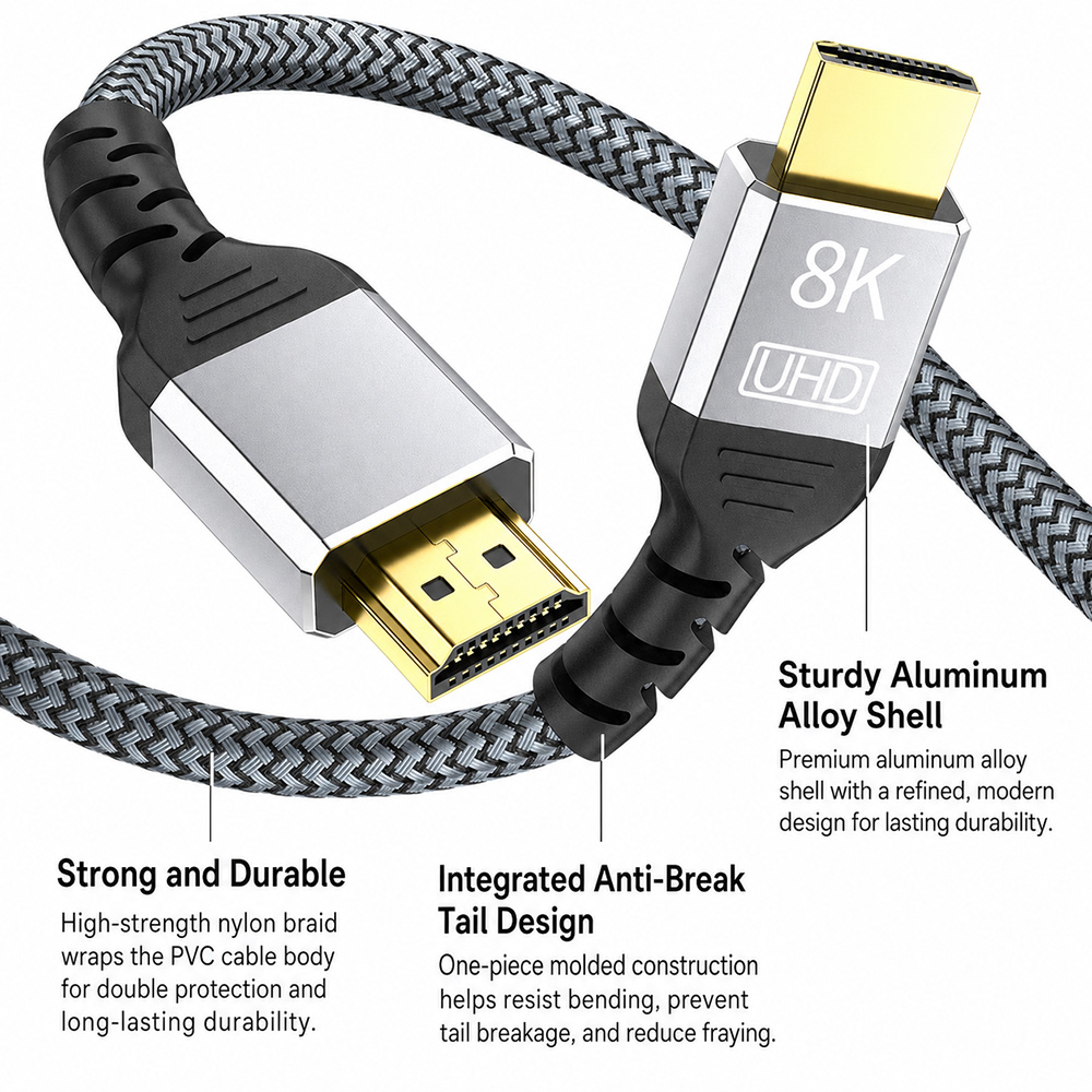 8K HDMI cable with sturdy aluminum alloy shell, reinforced tail and durable braided jacket