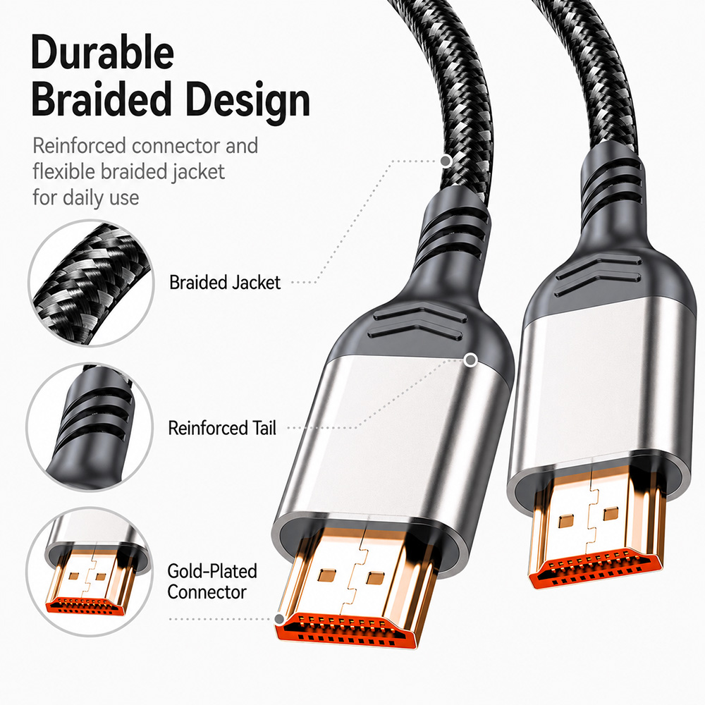 Durable braided 8K HDMI cable with reinforced tail, gold-plated connector and silver metal shell