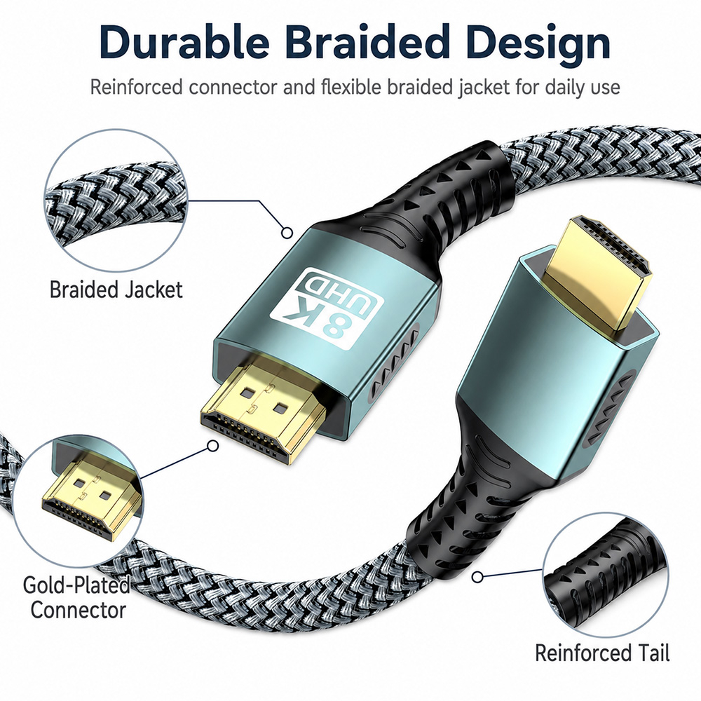 Durable braided 8K HDMI cable with reinforced tail, gold-plated connector and flexible woven jacket
