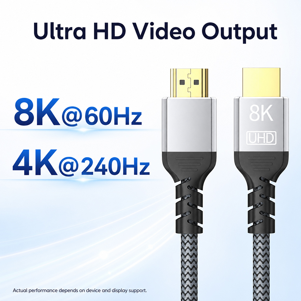 8K HDMI cable supports Ultra HD video output with 8K 60Hz and 4K 240Hz display performance