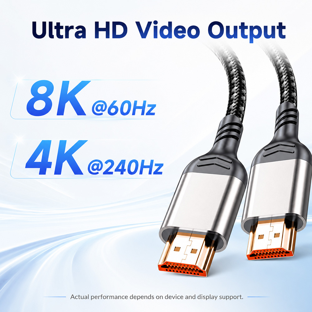 8K HDMI cable supports Ultra HD video output with 8K 60Hz and 4K 240Hz display performance