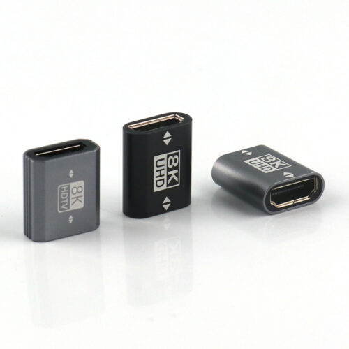 8K HDMI female to female adapter in gray and black colors